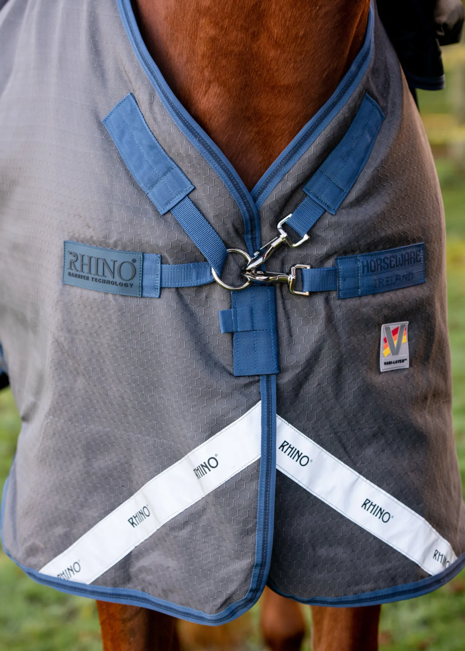 HORSEWARE ® Ireland Rhino® Plus HexStop Vari-Layer® 250 Gram Medium-Weight Turnout Blanket Grey/Indigo/Navy Outlet