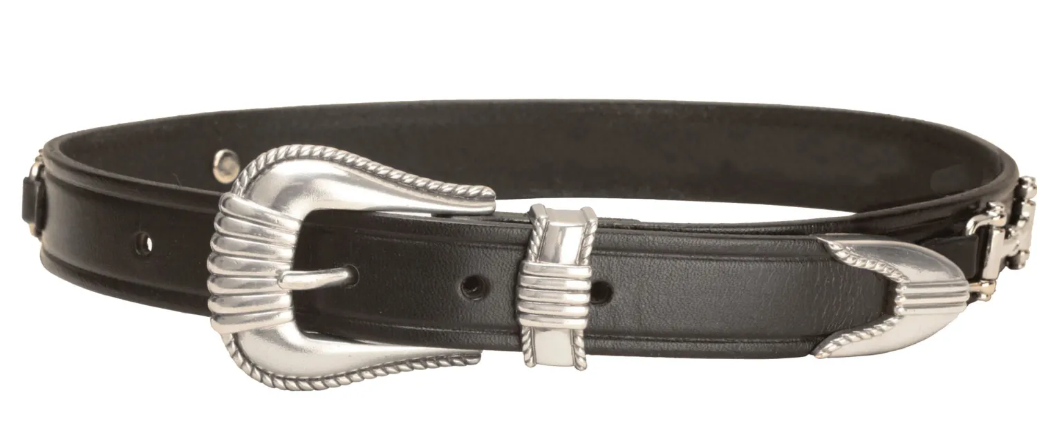 TORY LEATHER Belt with Bits and Silver-Colored Three-Piece Buckle Set Black New